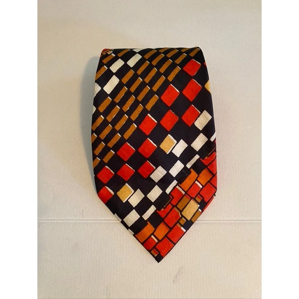 Handloom Pure Silk Tie Mens Geometric Block Pattern Red Orange Black India Made